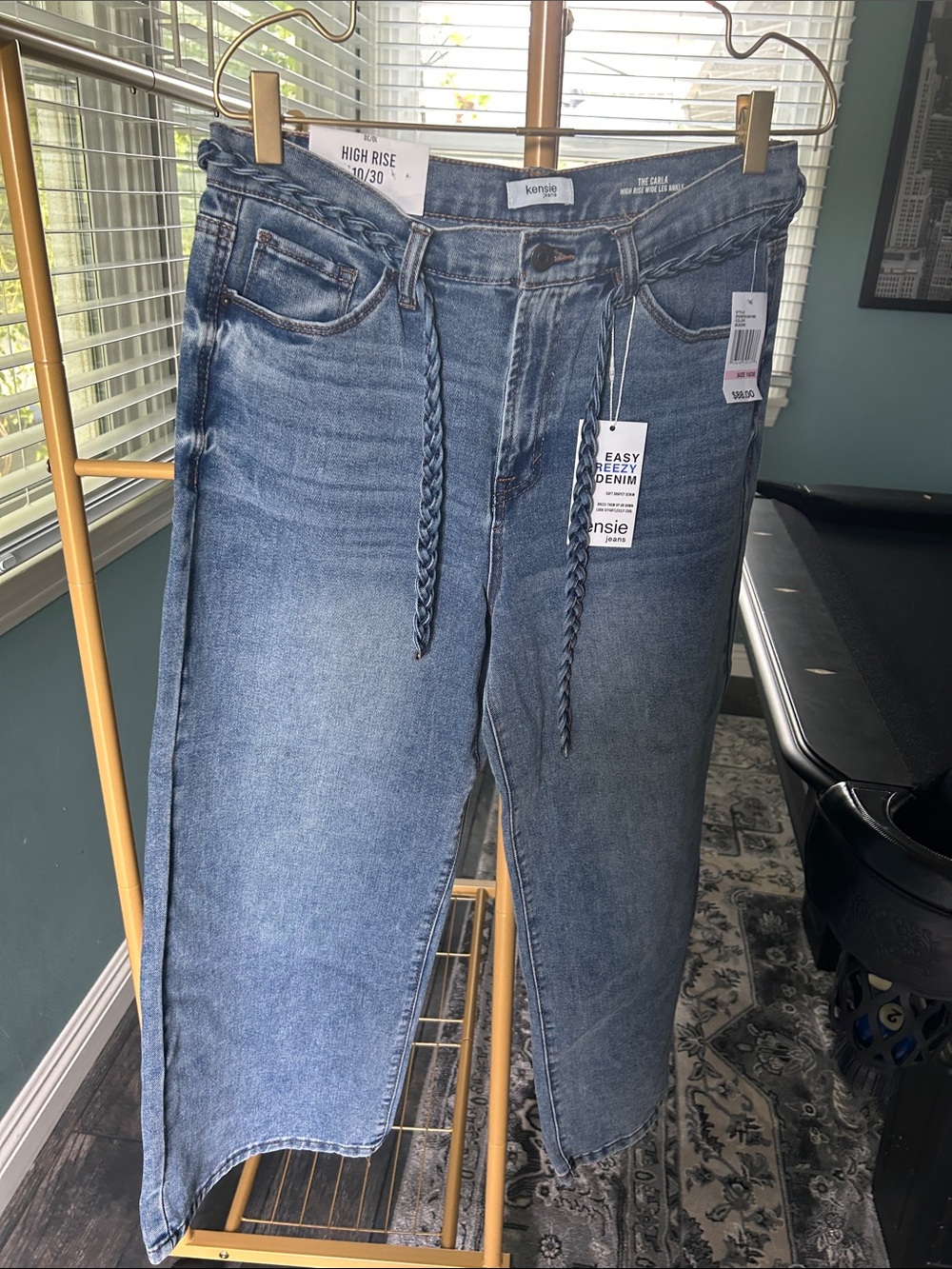Kensie Relaxed Light Blue Denim Jeans with Braided Waist Drawcord size 10